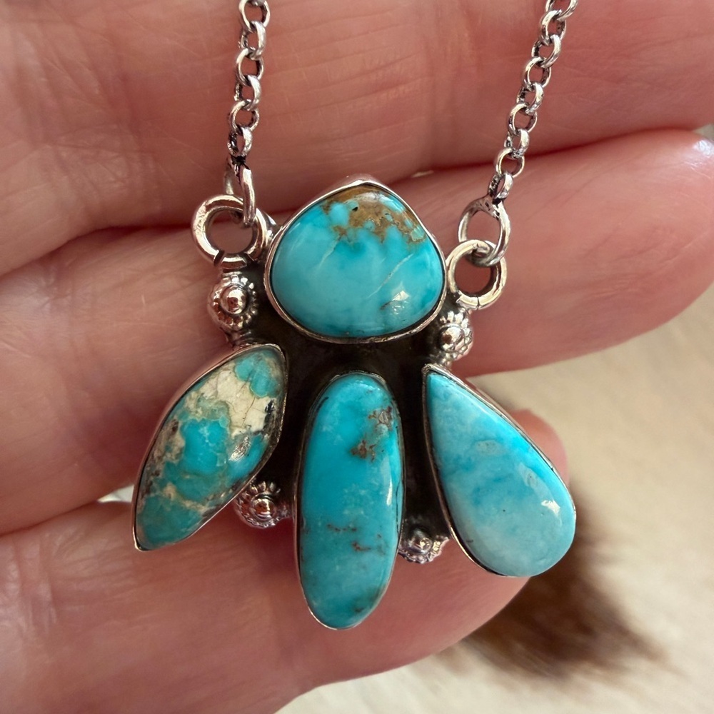 ❤️ Bluebird Turquoise 4 Stone Fan Pendant 925 Sterling 18+2” Adjustable Necklace